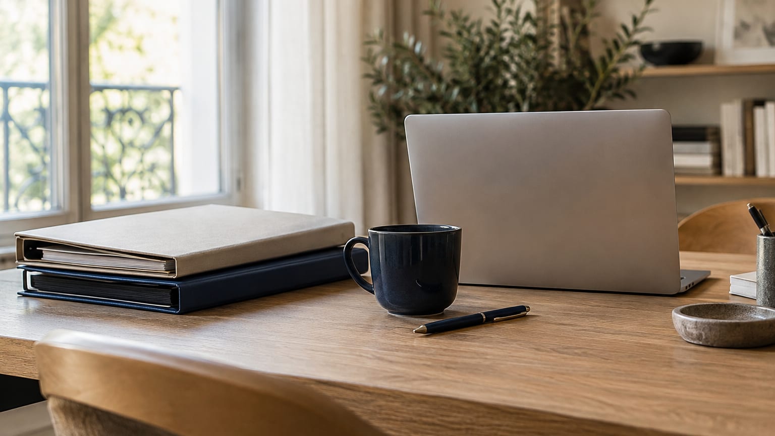 Des dossiers de travail classés à côté d’un ordinateur portable.