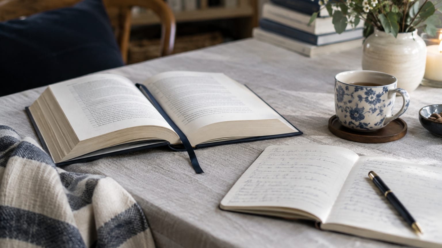 Un livre ouvert et un carnet de lecture sur une table.