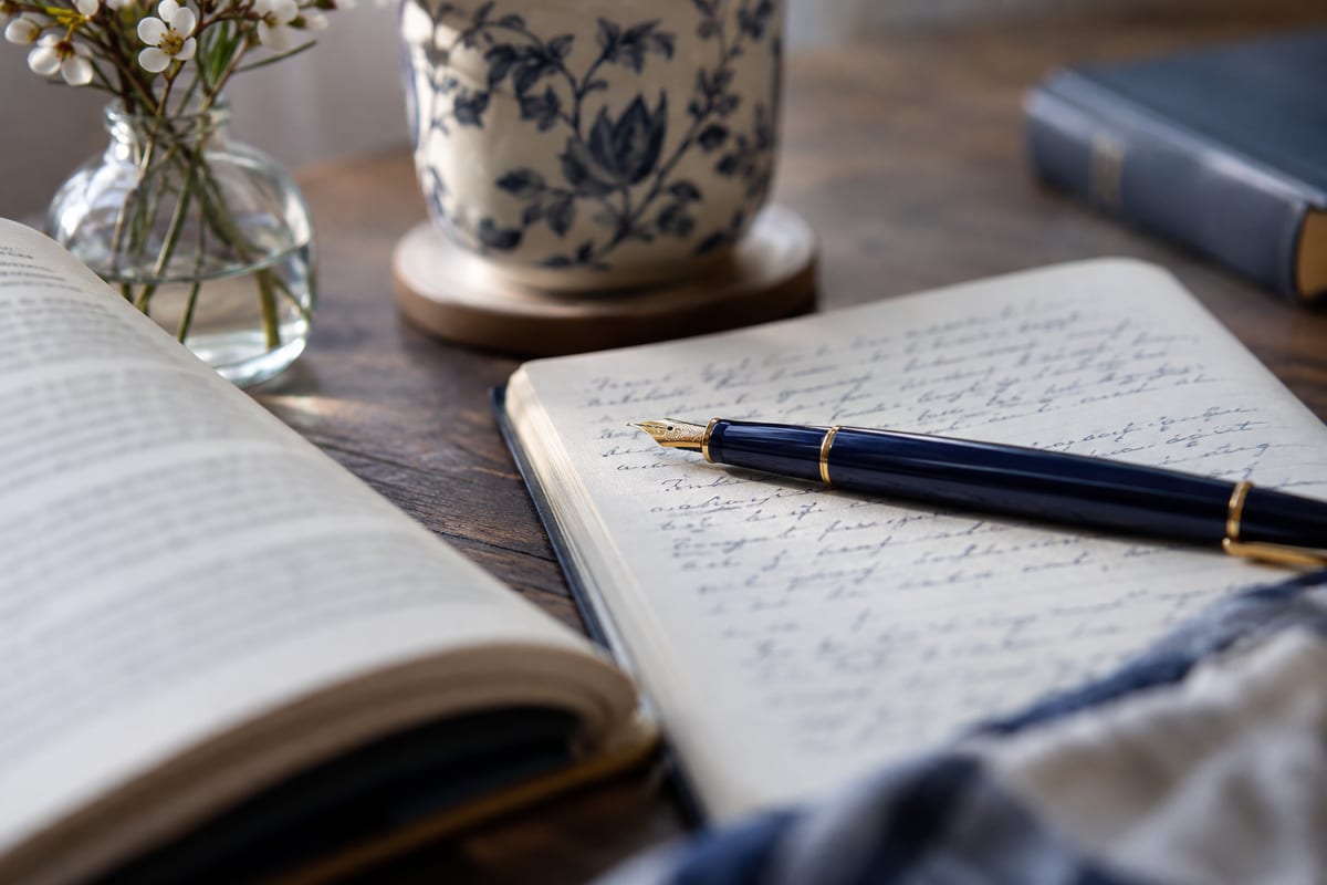 Un stylo et des notes personnelles à côté d’un livre.