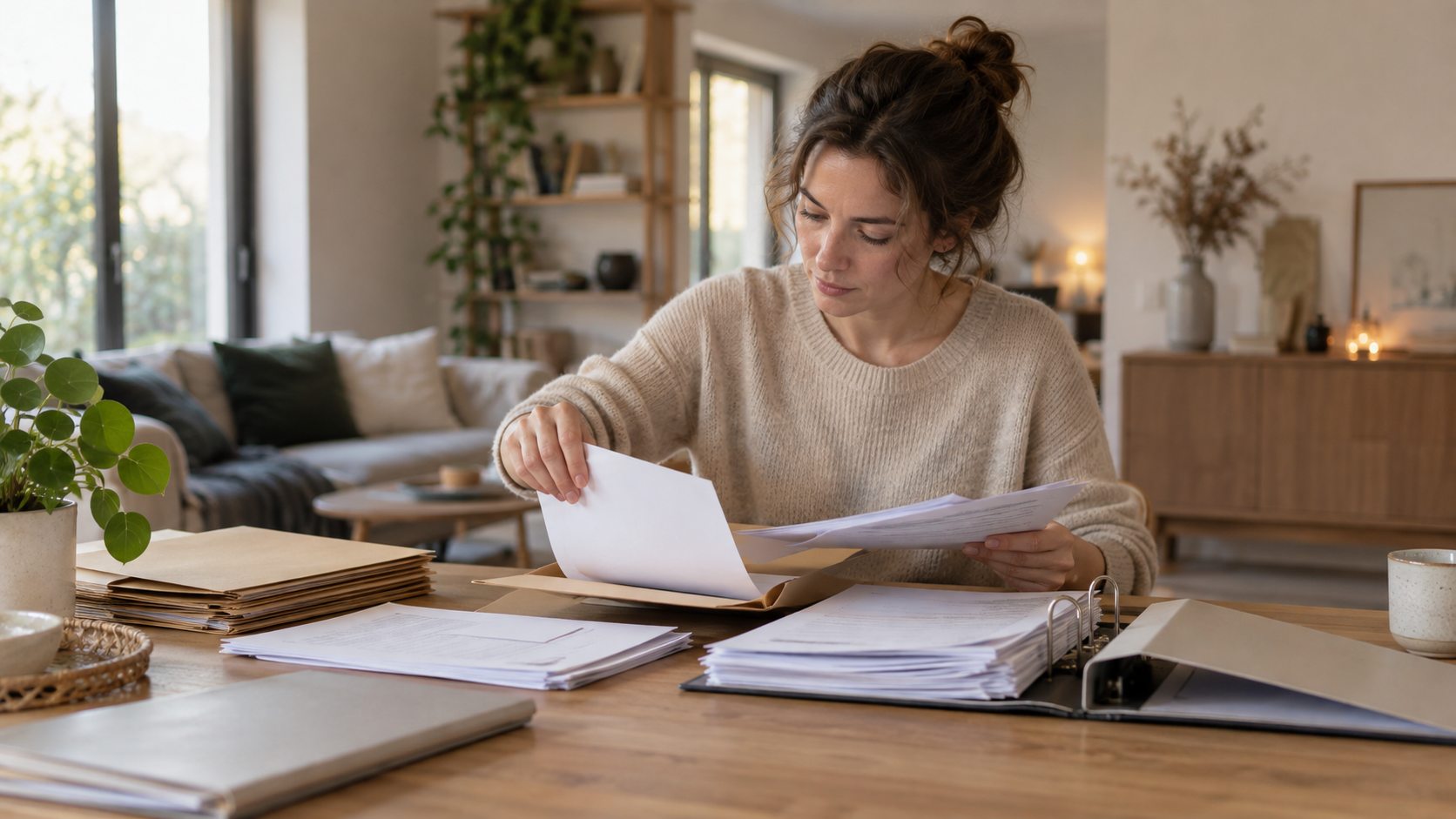 Une personne classe des papiers dans des chemises sobres à la maison.