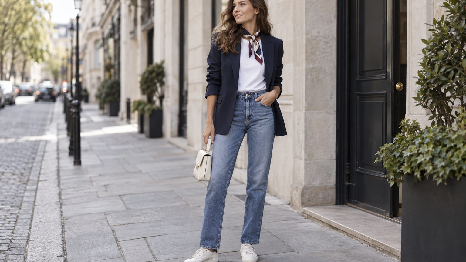 Une femme porte un foulard imprimé au cou avec un tee-shirt blanc, un jean et un blazer marine.