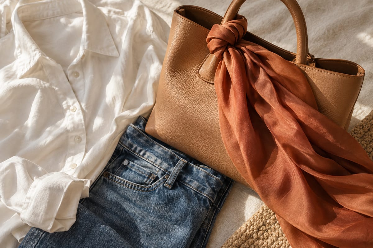 Un foulard terracotta noué à l’anse d’un sac camel, près d’une chemise ivoire et d’un jean.