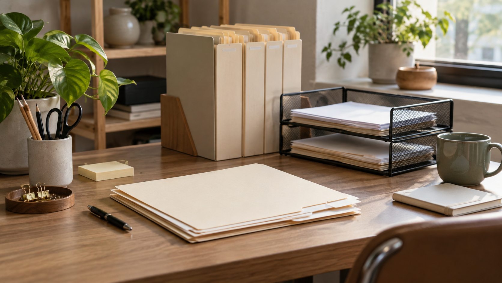 Des dossiers papier vierges et des fournitures de classement sur un bureau.
