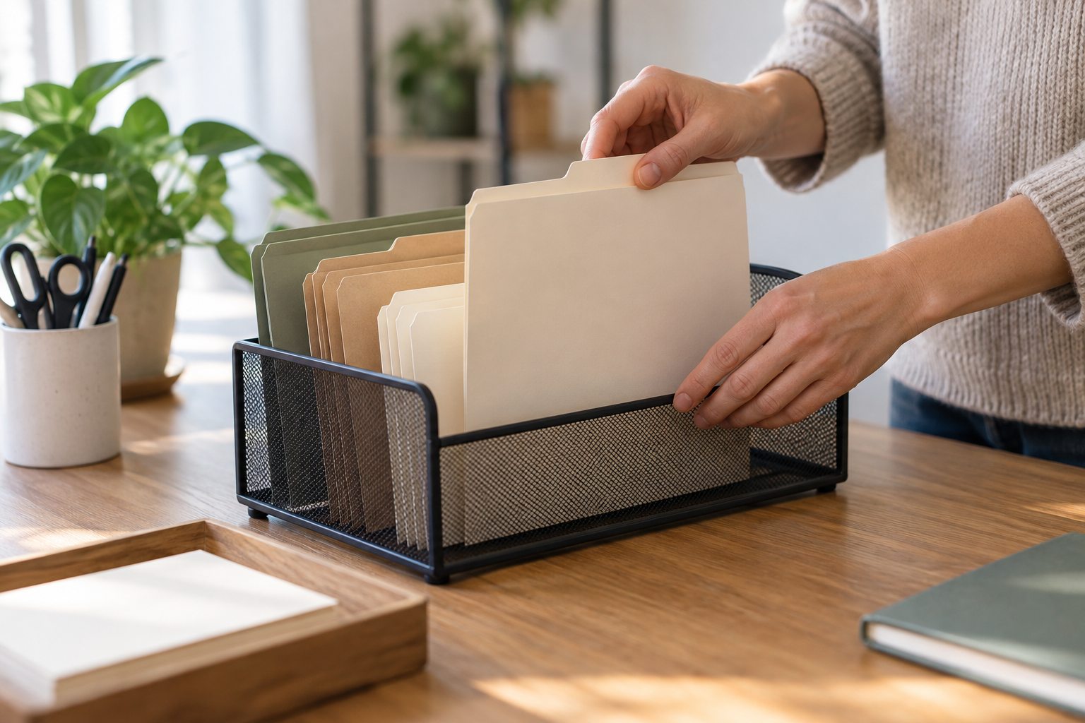 Des mains ordonnent des chemises de dossiers dans un bac de rangement.