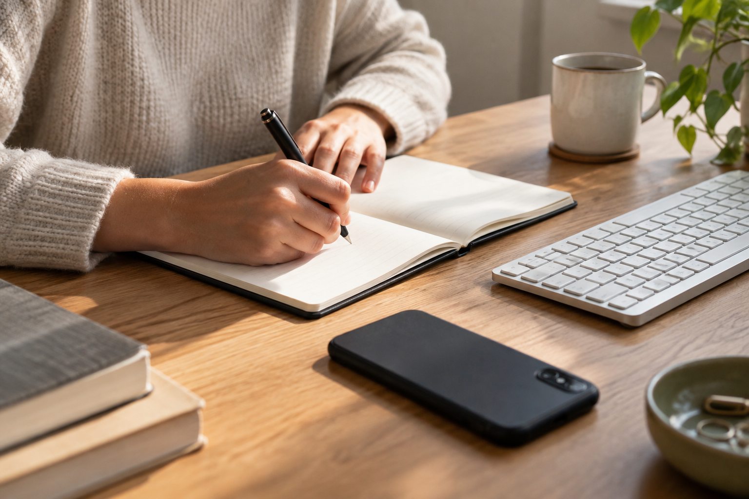 Un carnet, un clavier et un téléphone posés sur un bureau, sans écran allumé.