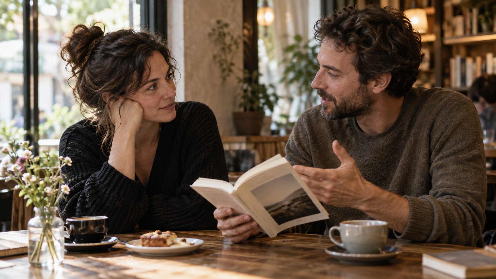 Deux personnes échangent autour d’un livre dans un café calme.
