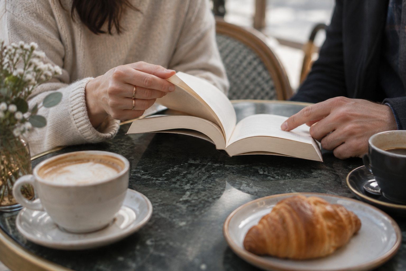 Deux mains feuillettent un livre posé sur une table.