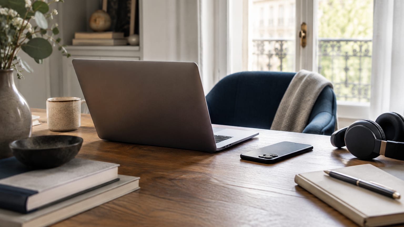 Un bureau calme avec un ordinateur et un téléphone posé face contre table.