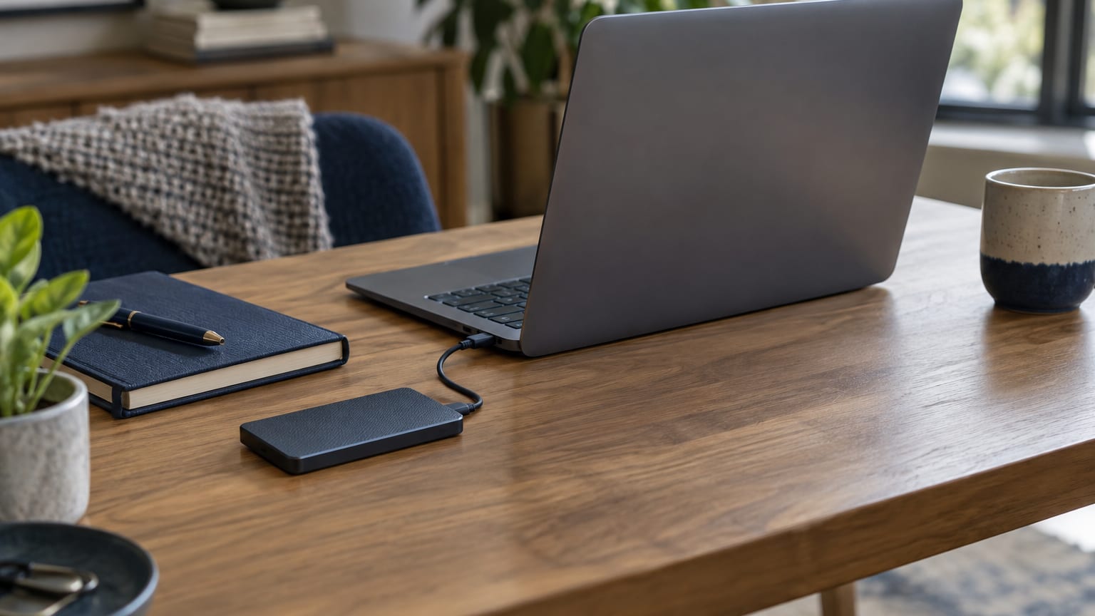 Un ordinateur et un disque externe sur un bureau de travail.
