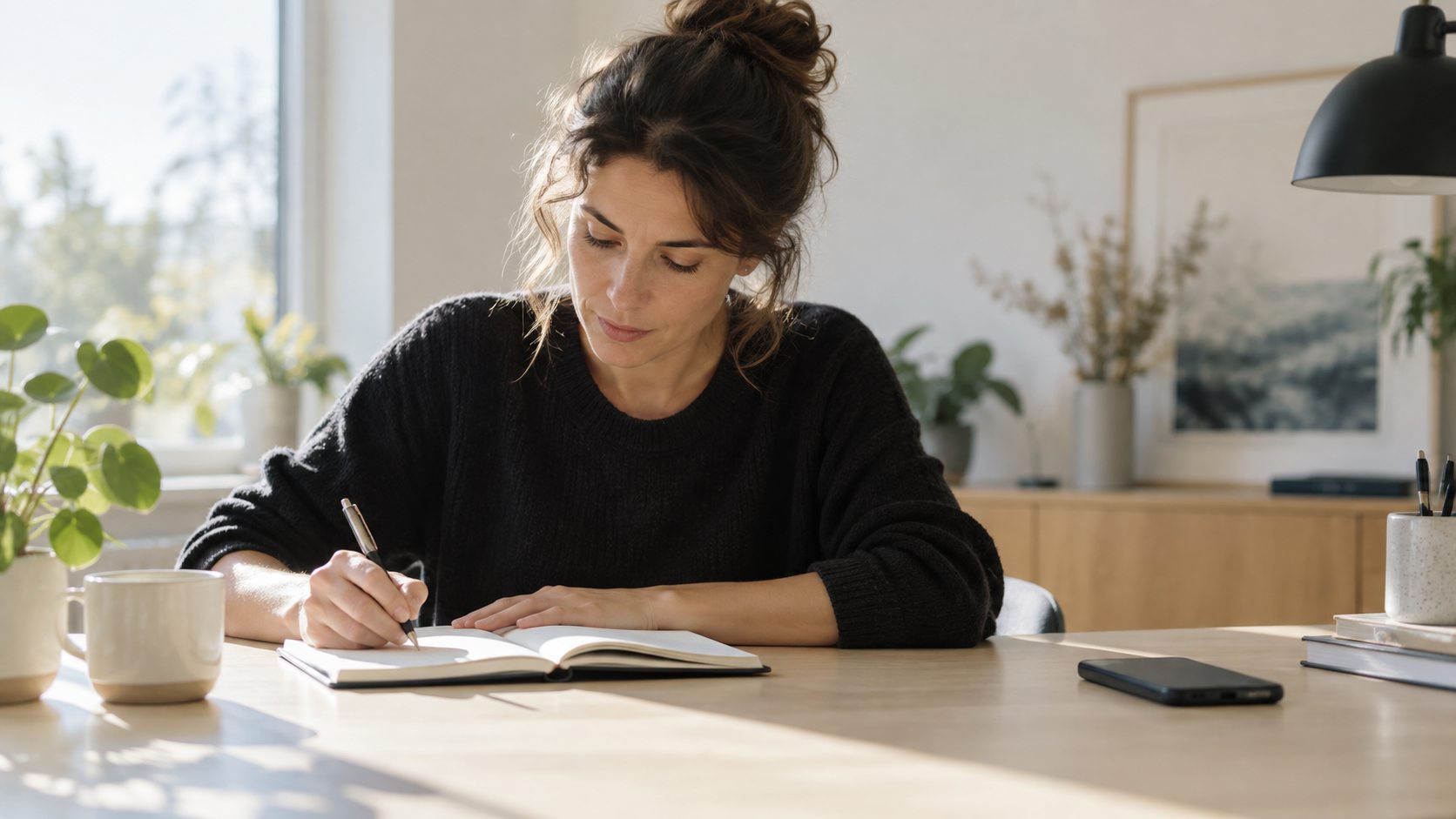 Une personne écrit avec attention à un bureau lumineux et épuré.