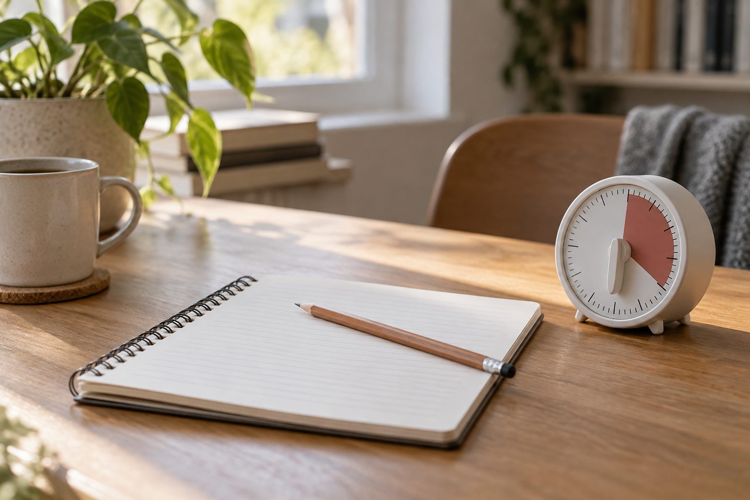 Un carnet, un stylo et un minuteur analogique sur un bureau calme.