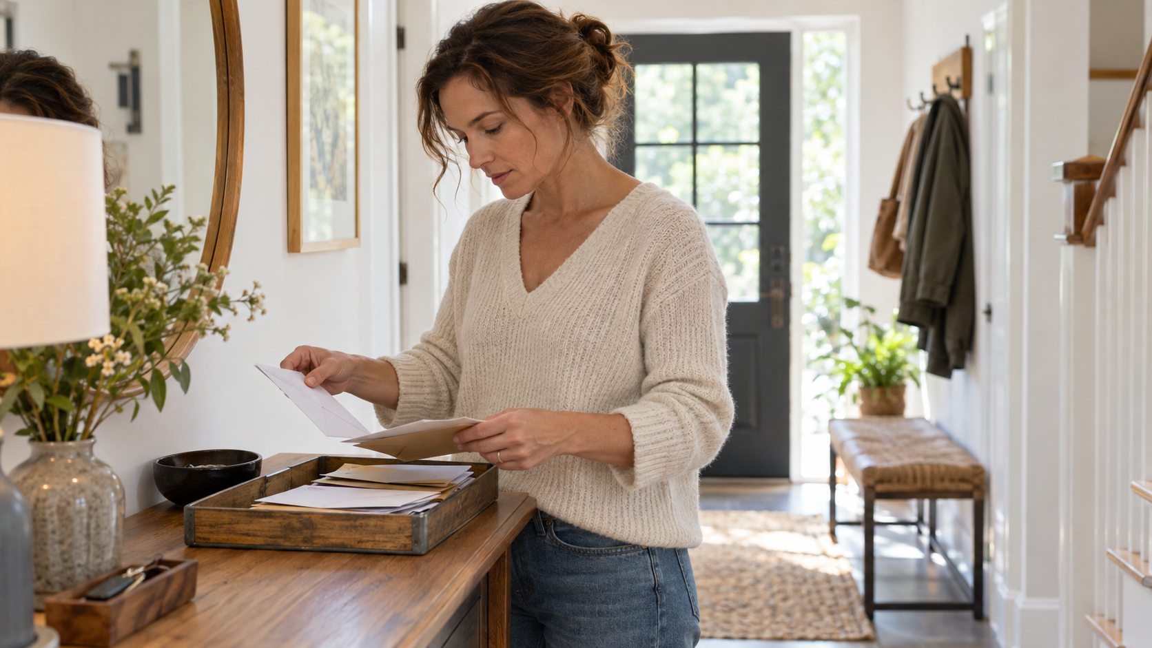 Une personne trie son courrier dans une entrée de maison claire et rangée.