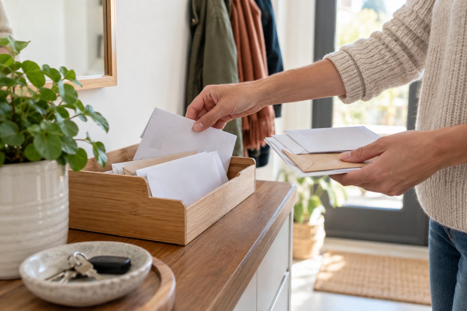 Des mains répartissent des enveloppes dans un bac de courrier domestique.