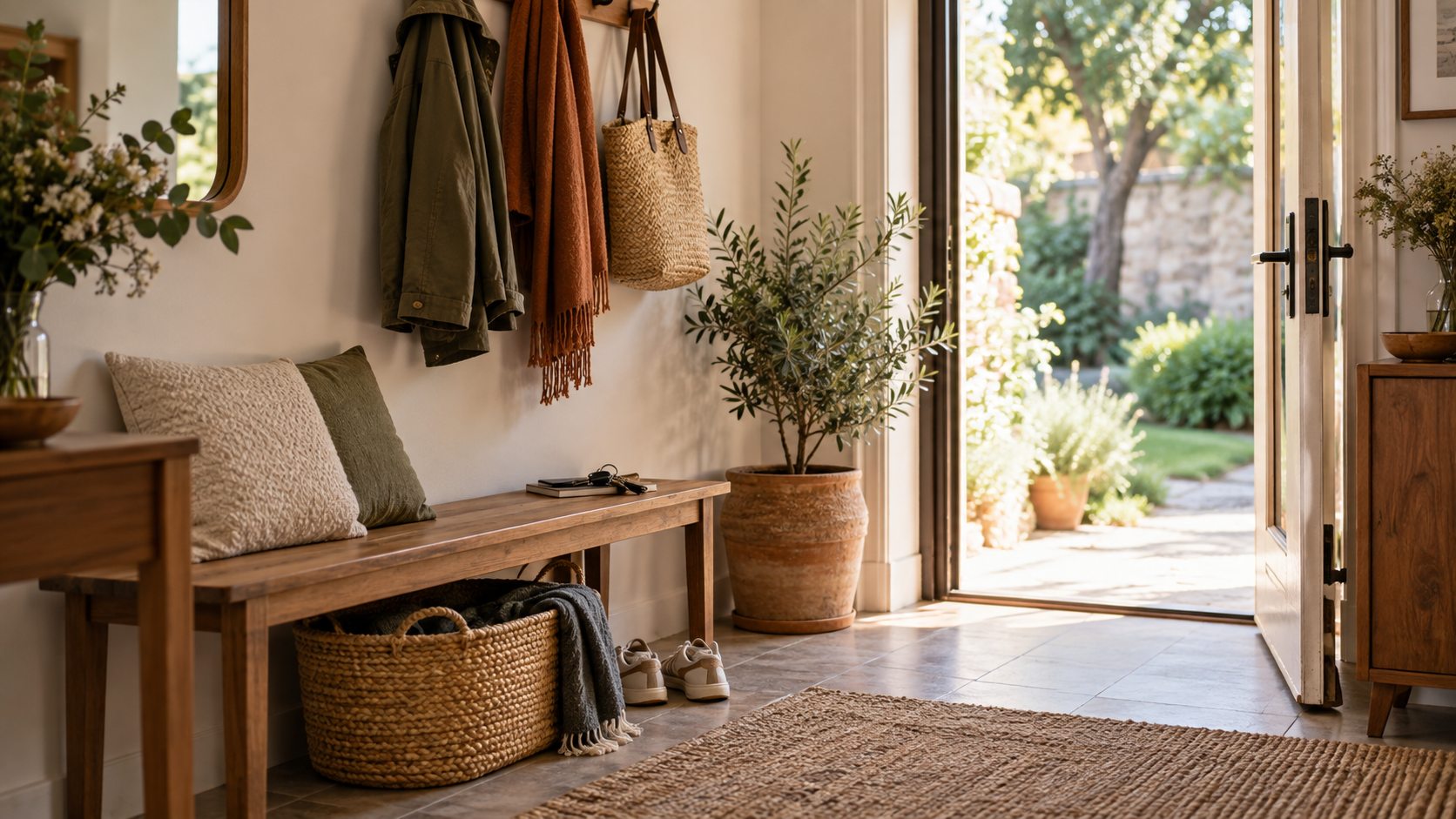 Une entrée de maison lumineuse et ordonnée avec des rangements simples.