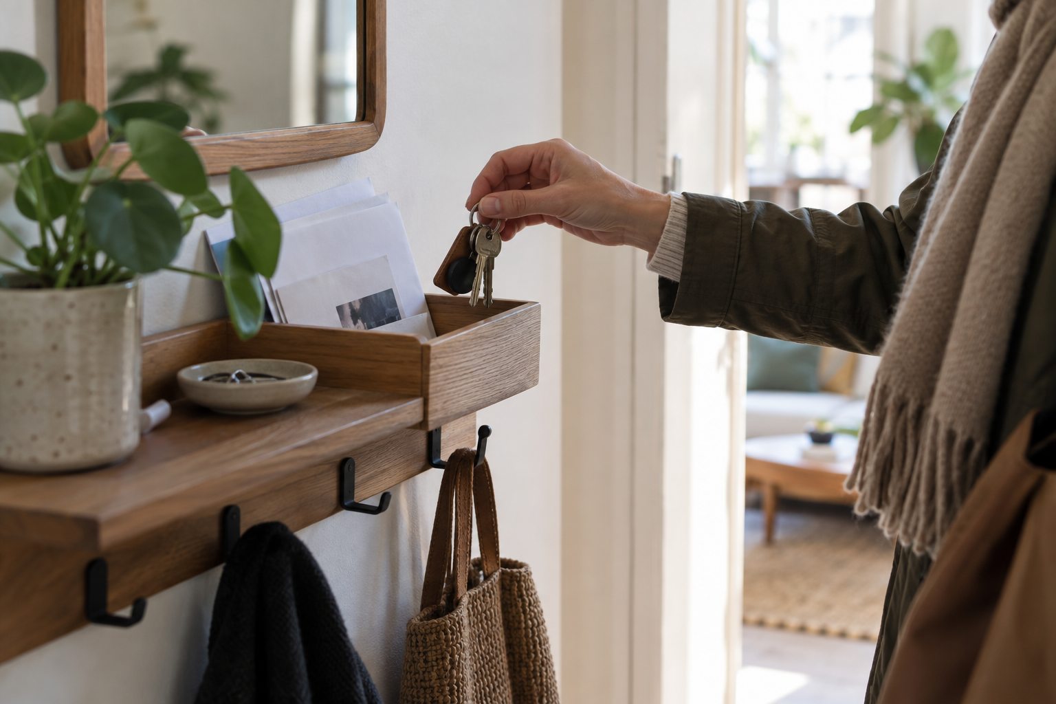 Une main range des clés et du courrier dans un espace prévu à cet effet.