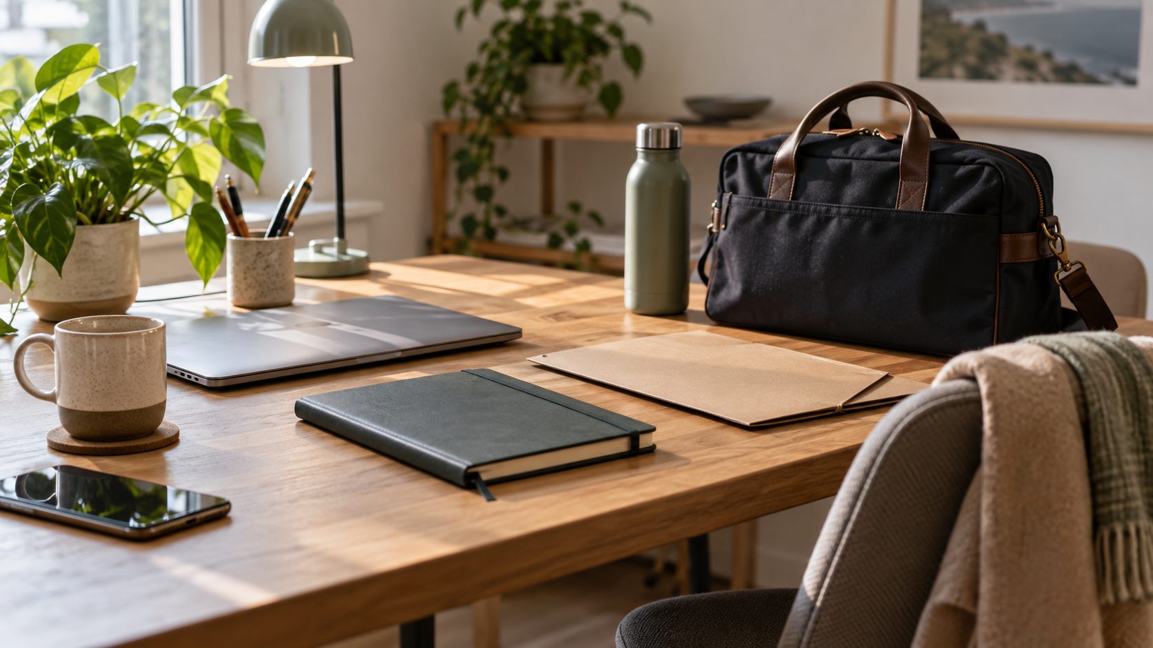 Un bureau organisé avant une absence avec un carnet et un sac prêt à partir.