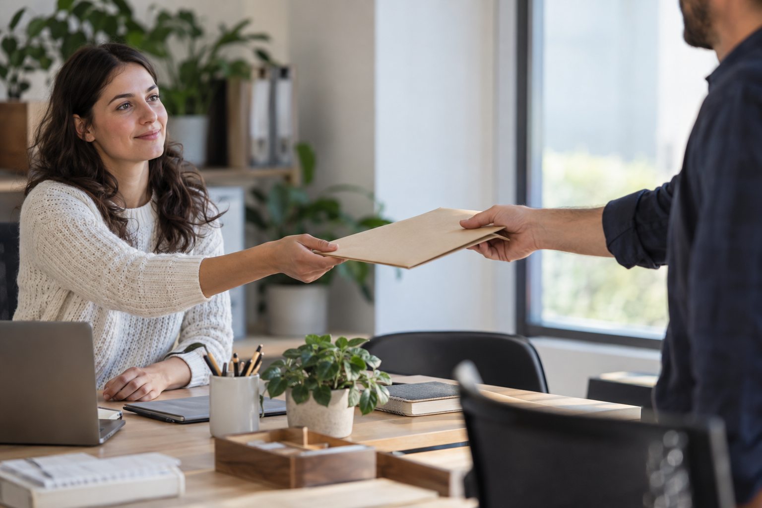 Une collègue reçoit un dossier de relais sur une table de travail.
