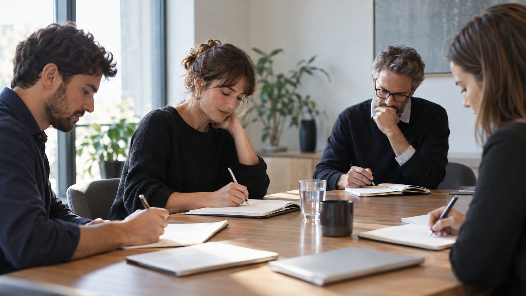 Des collègues prennent des notes autour d’une table après une réunion.