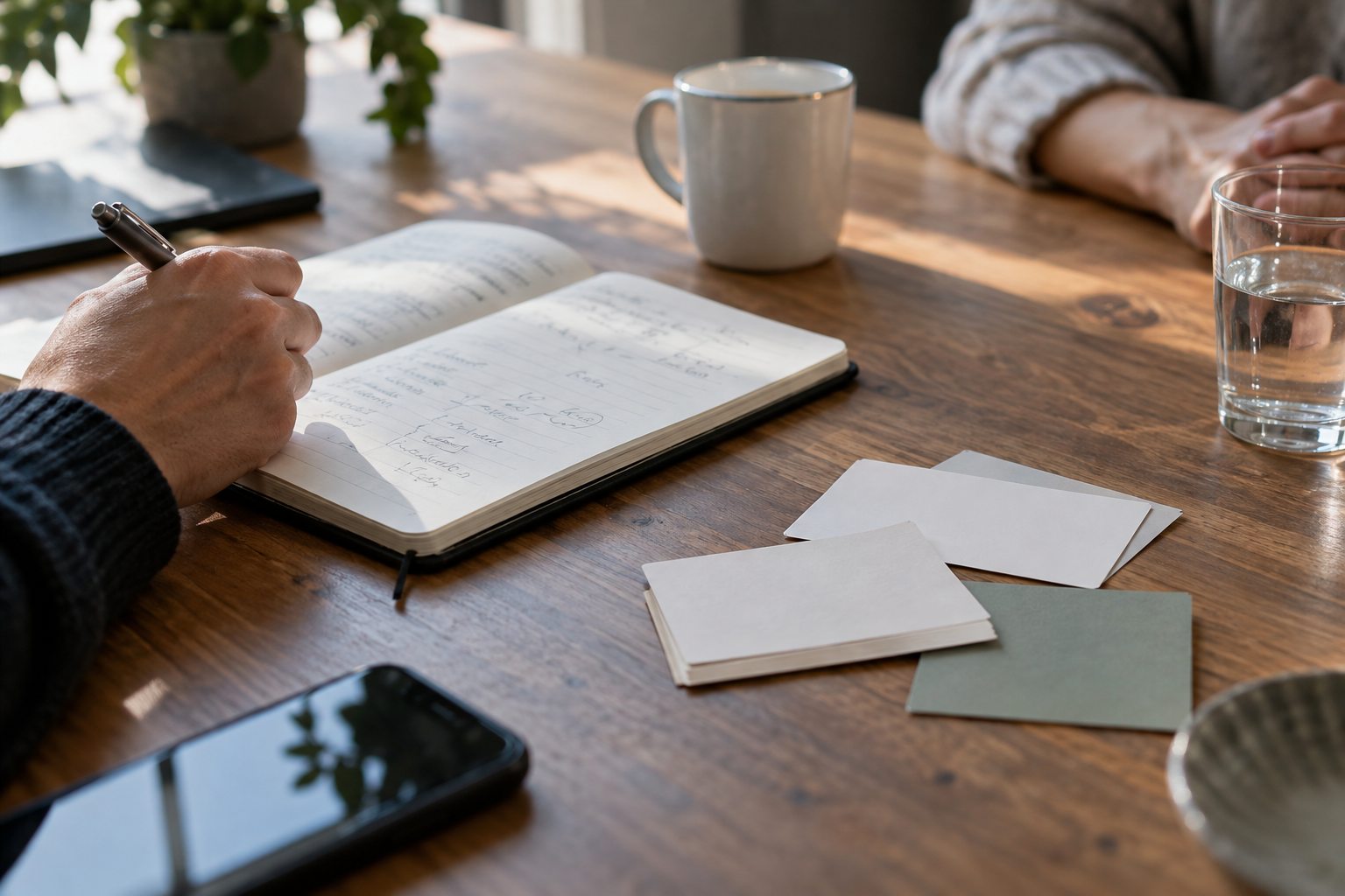 Un carnet de décisions ouvert et un stylo sur une table de travail.