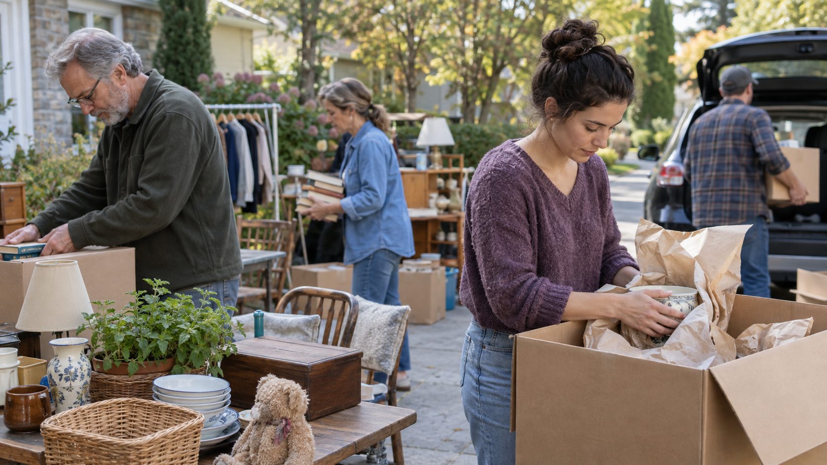 Des objets domestiques invendus sont rangés avec soin après un vide-grenier.
