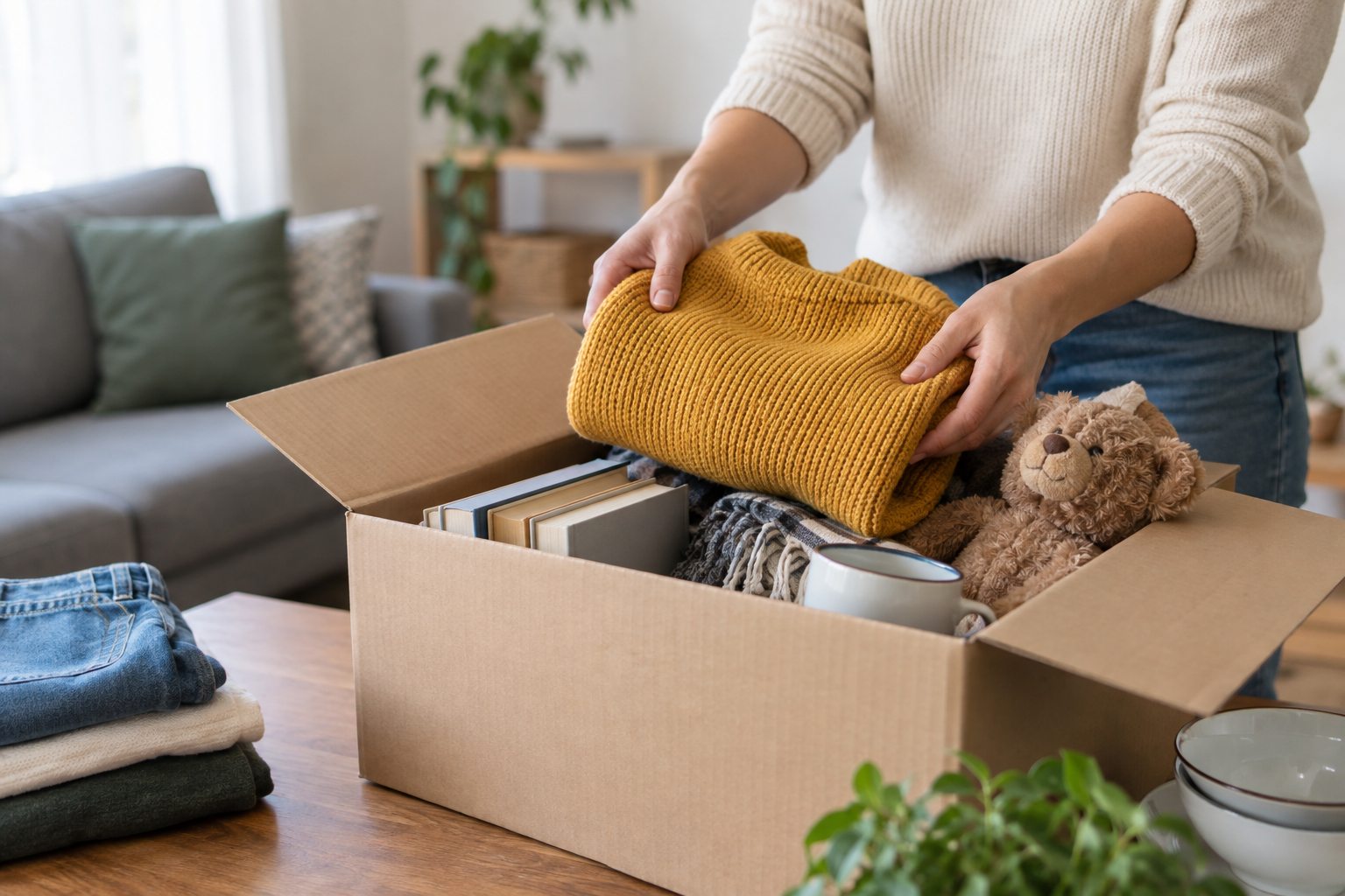 Une personne prépare une caisse d’objets pour leur prochaine destination.
