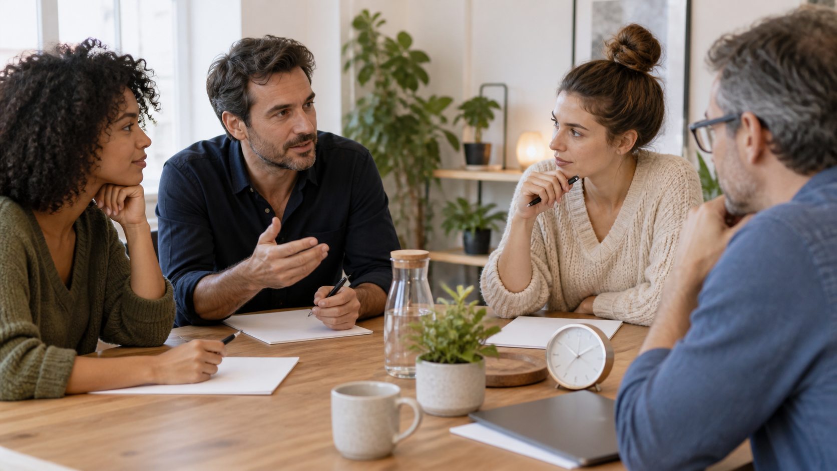 Une équipe prépare une réunion autour d’une table avec des documents sobres.