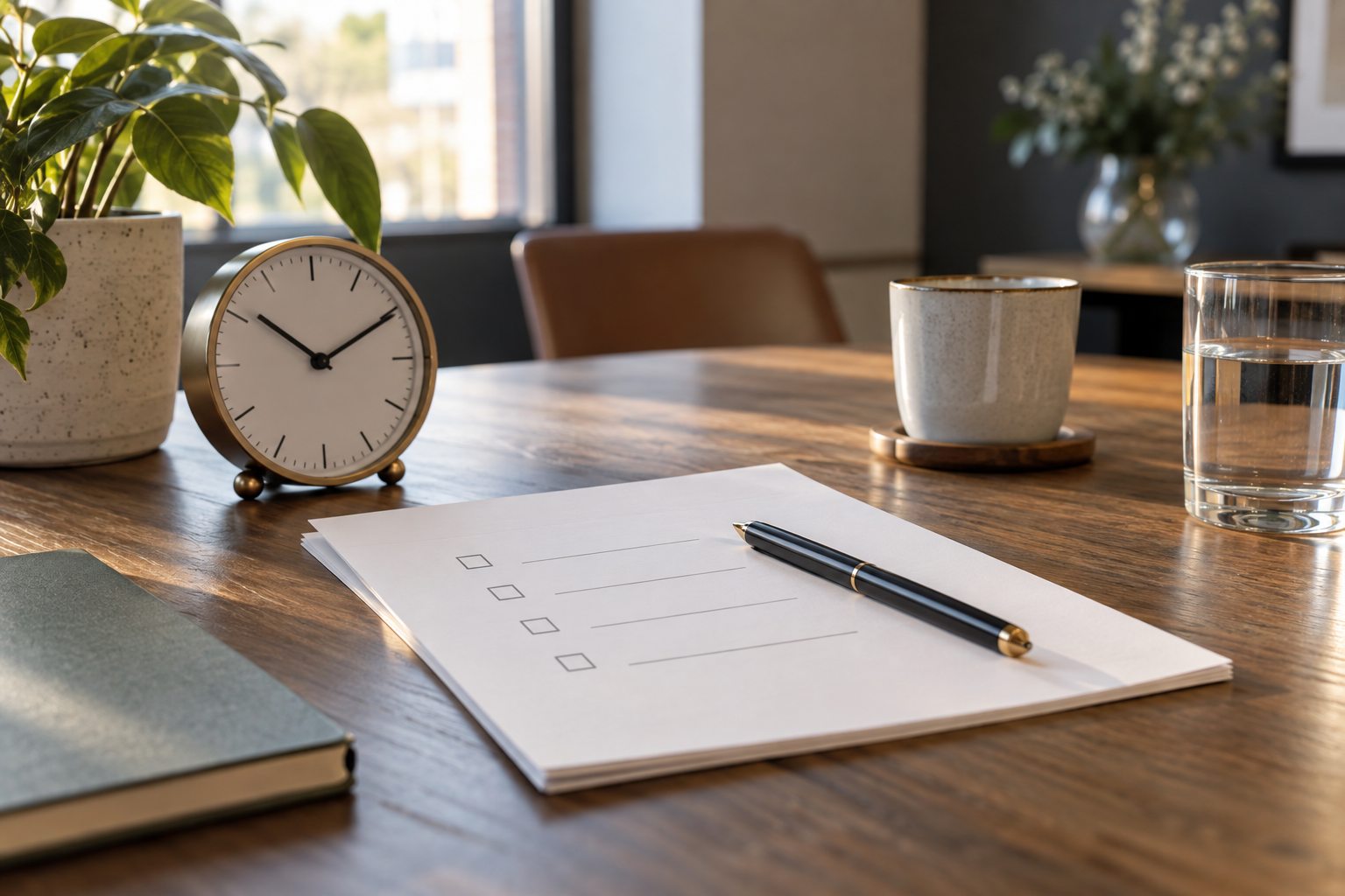 Une horloge analogique, un stylo et des feuilles de préparation sans texte lisible.
