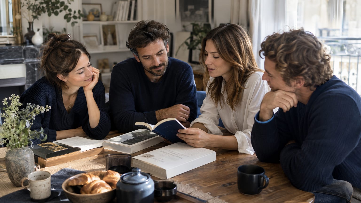 Un petit groupe d’adultes échange autour de livres.