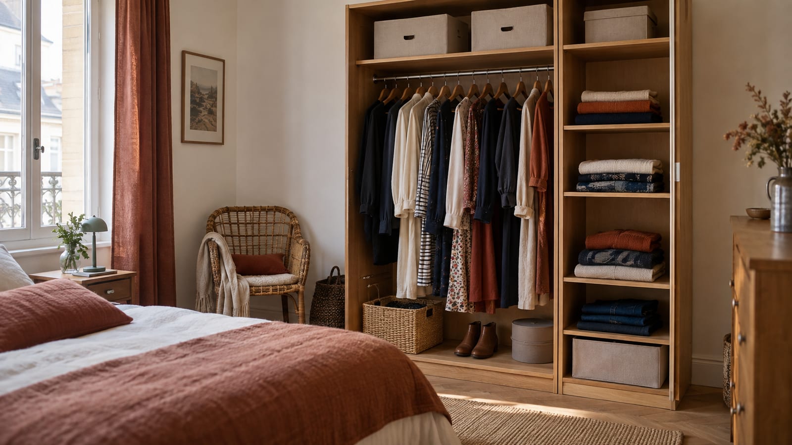 Un placard en bois ouvert avec vêtements suspendus, piles courtes sur les étagères et boîtes en tissu.