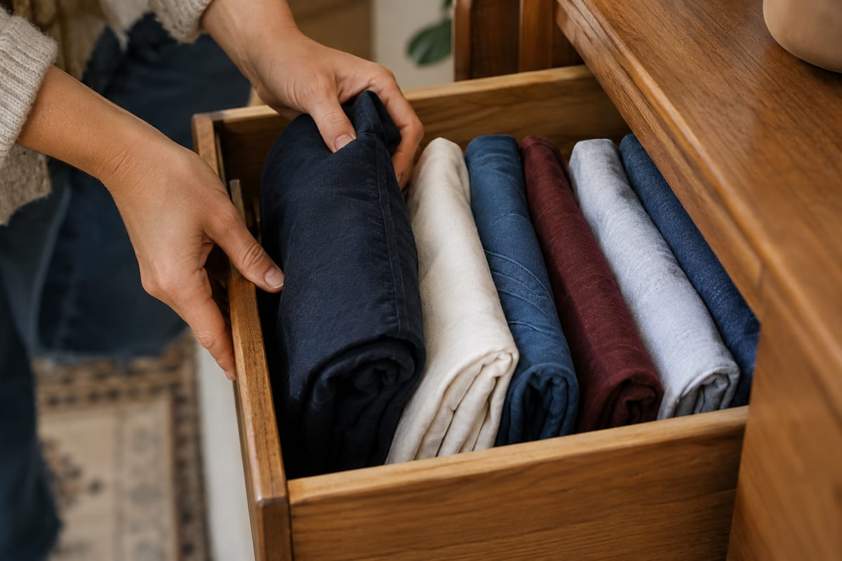 Des mains rangent un tee-shirt bleu marine plié sur chant dans un tiroir de vêtements.
