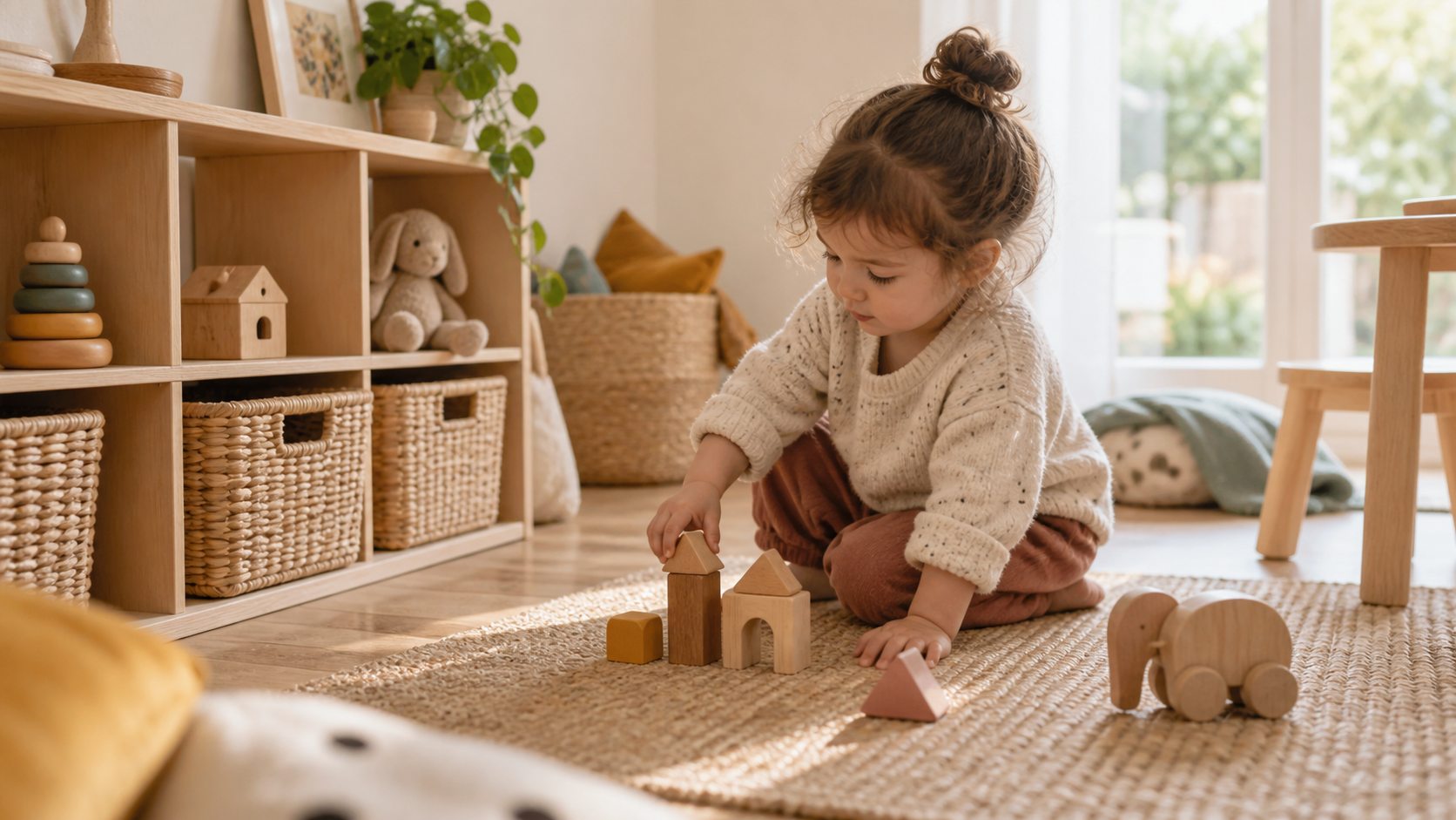 Un espace de jeux rangé avec des paniers bas et des jouets accessibles.