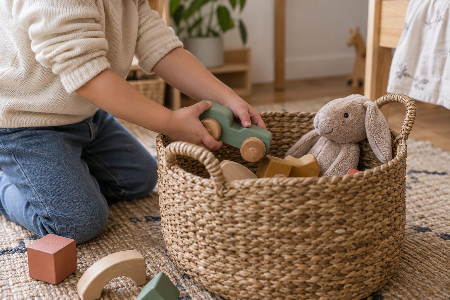 Les mains d’un enfant rangent un jouet dans un panier ouvert.