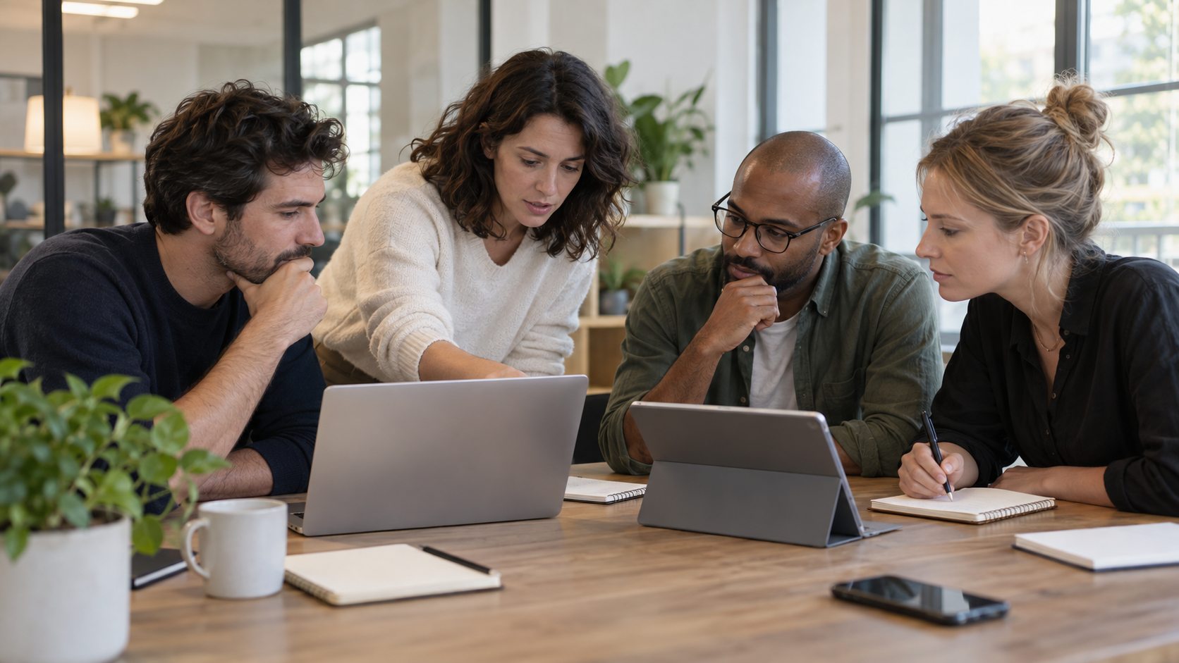 Une équipe compare calmement des outils et des notes de travail.