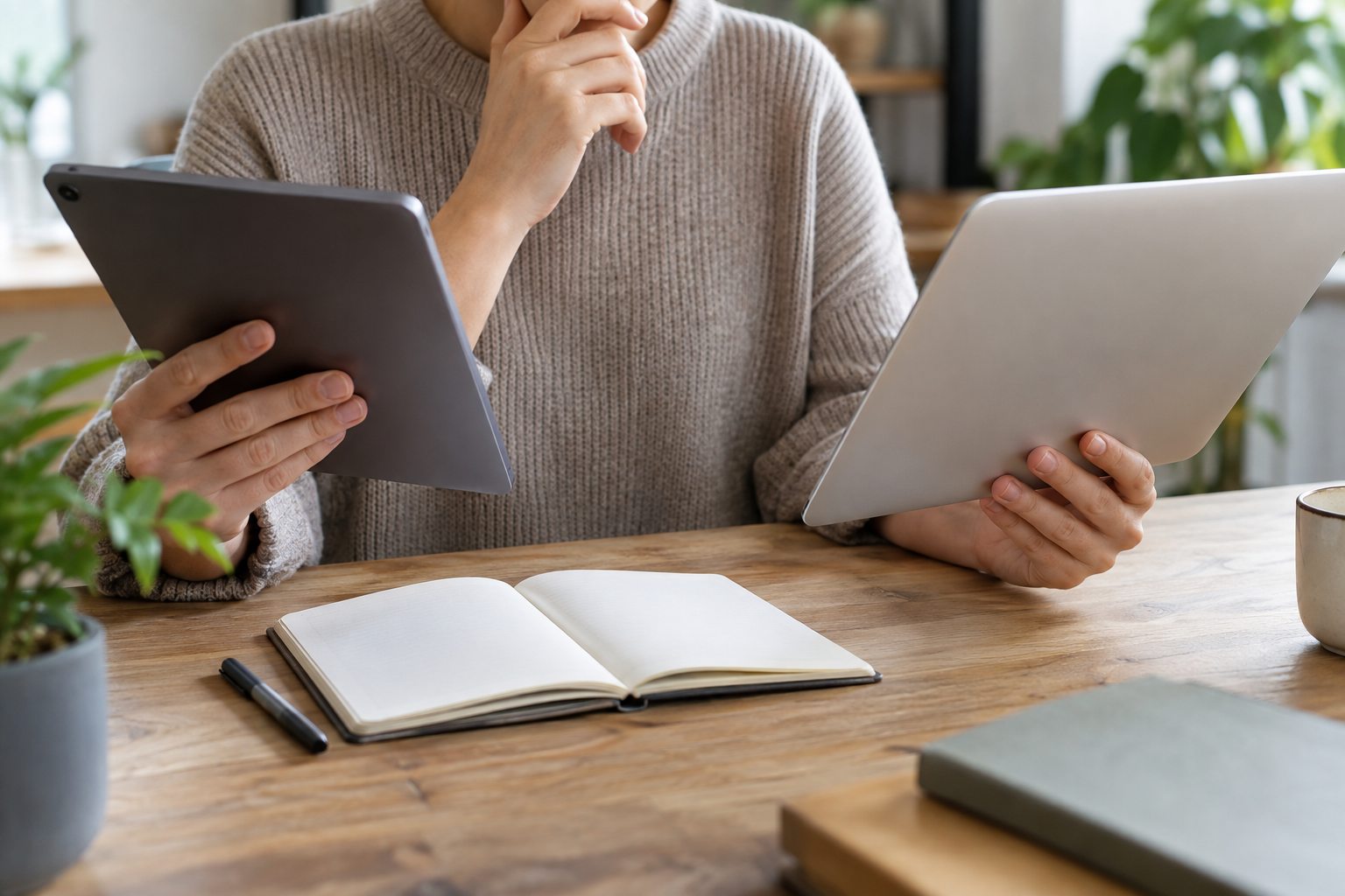 Deux appareils sans marque et des notes de comparaison sur une table.