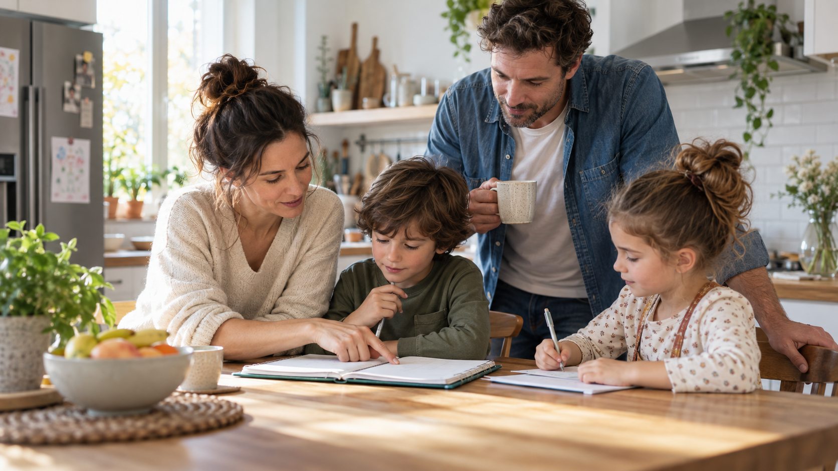 Une famille organise paisiblement les tâches du quotidien dans une cuisine.