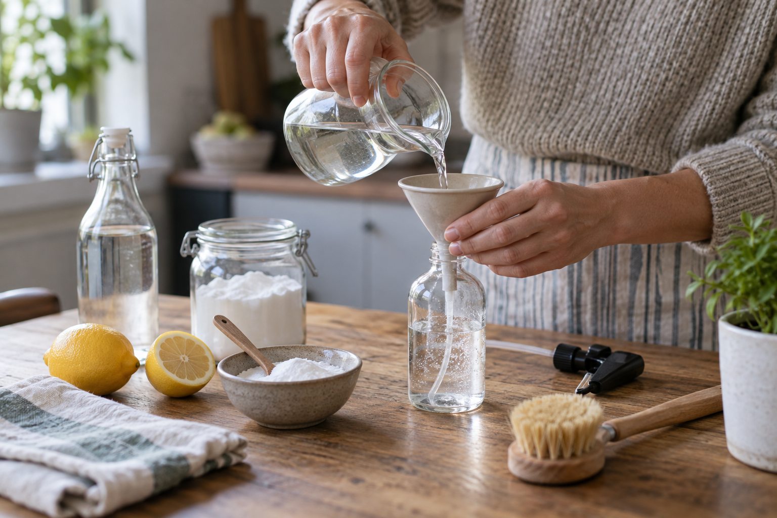 Des mains préparent quelques produits de ménage simples sur une table.