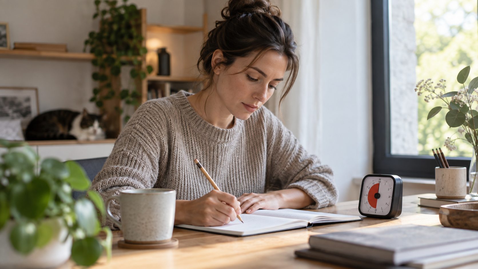 Une personne travaille avec un minuteur analogique et un carnet sur son bureau.