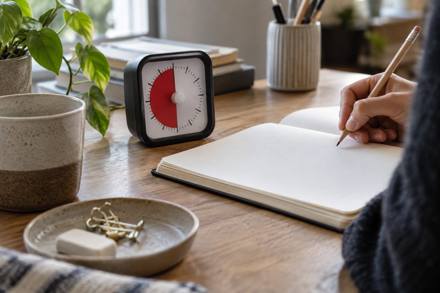 Un minuteur, un carnet et un stylo dans une scène de travail concentré.