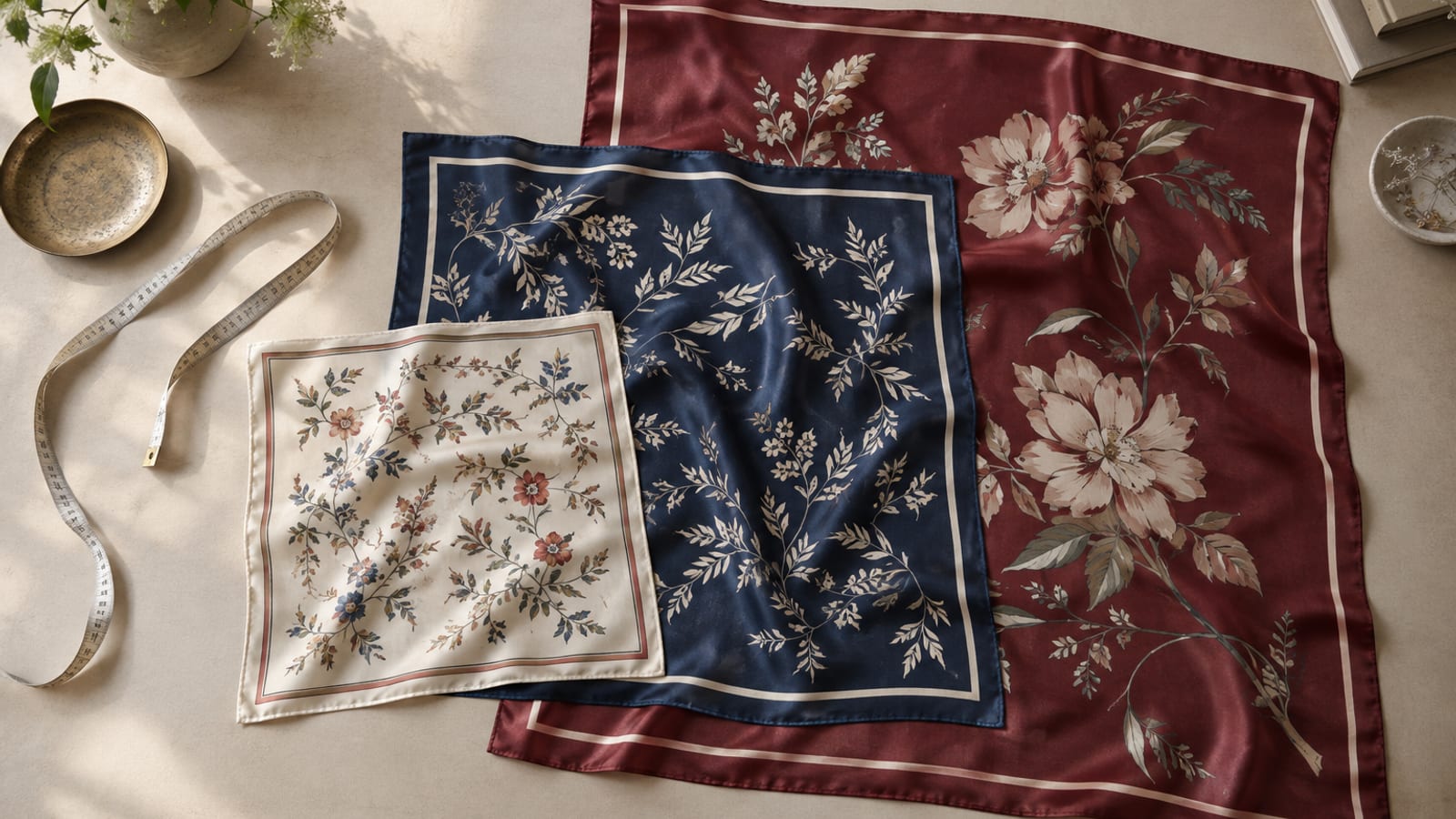 Trois foulards de formats différents, ivoire, marine et bordeaux, disposés près d’un mètre ruban.