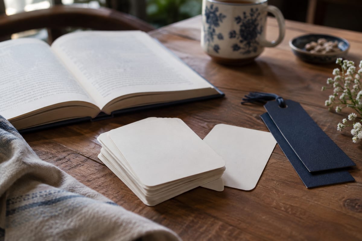 Des cartes de discussion vierges et des marque-pages sur une table.