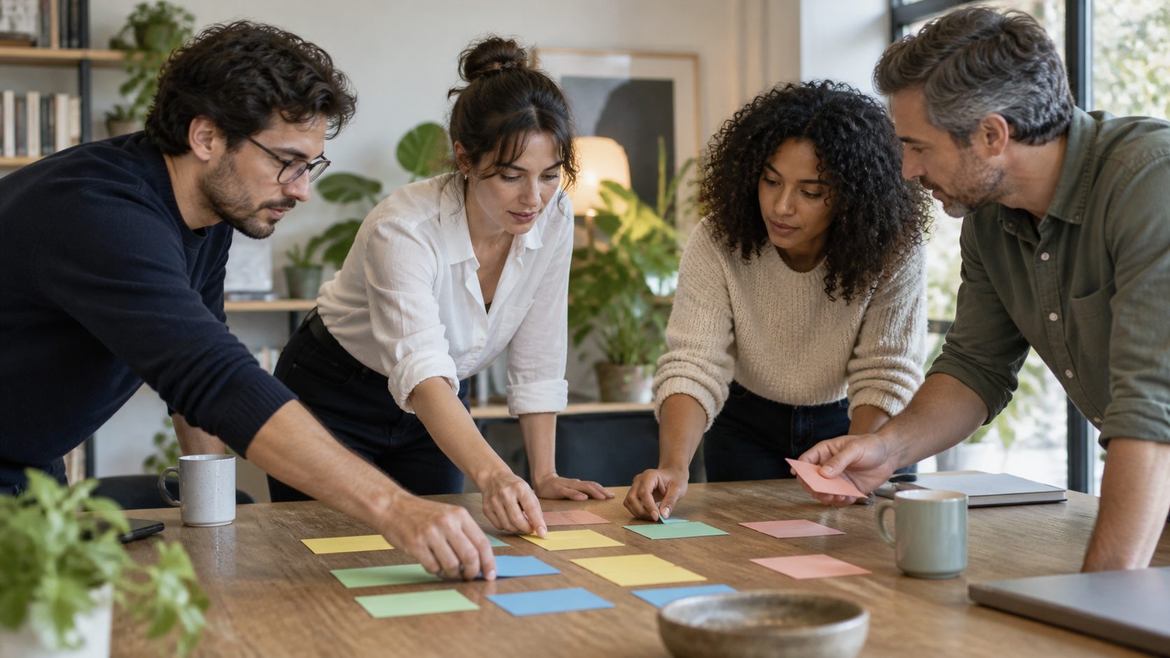 Des collègues organisent des cartes de rôles colorées sur une table.
