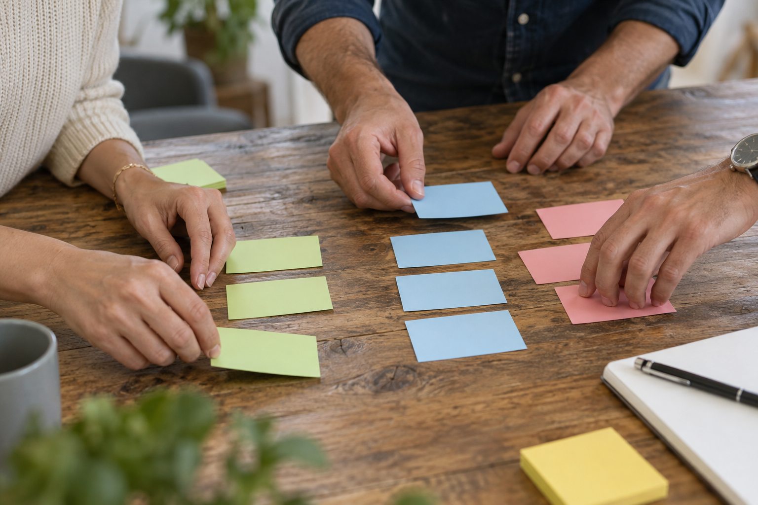 Des mains regroupent des cartes vierges pour clarifier les responsabilités.