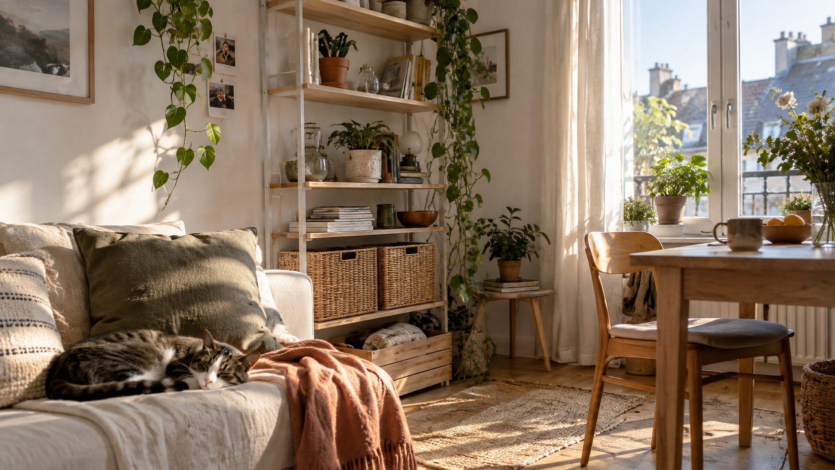 Un petit espace de vie lumineux et rangé avec des objets du quotidien.