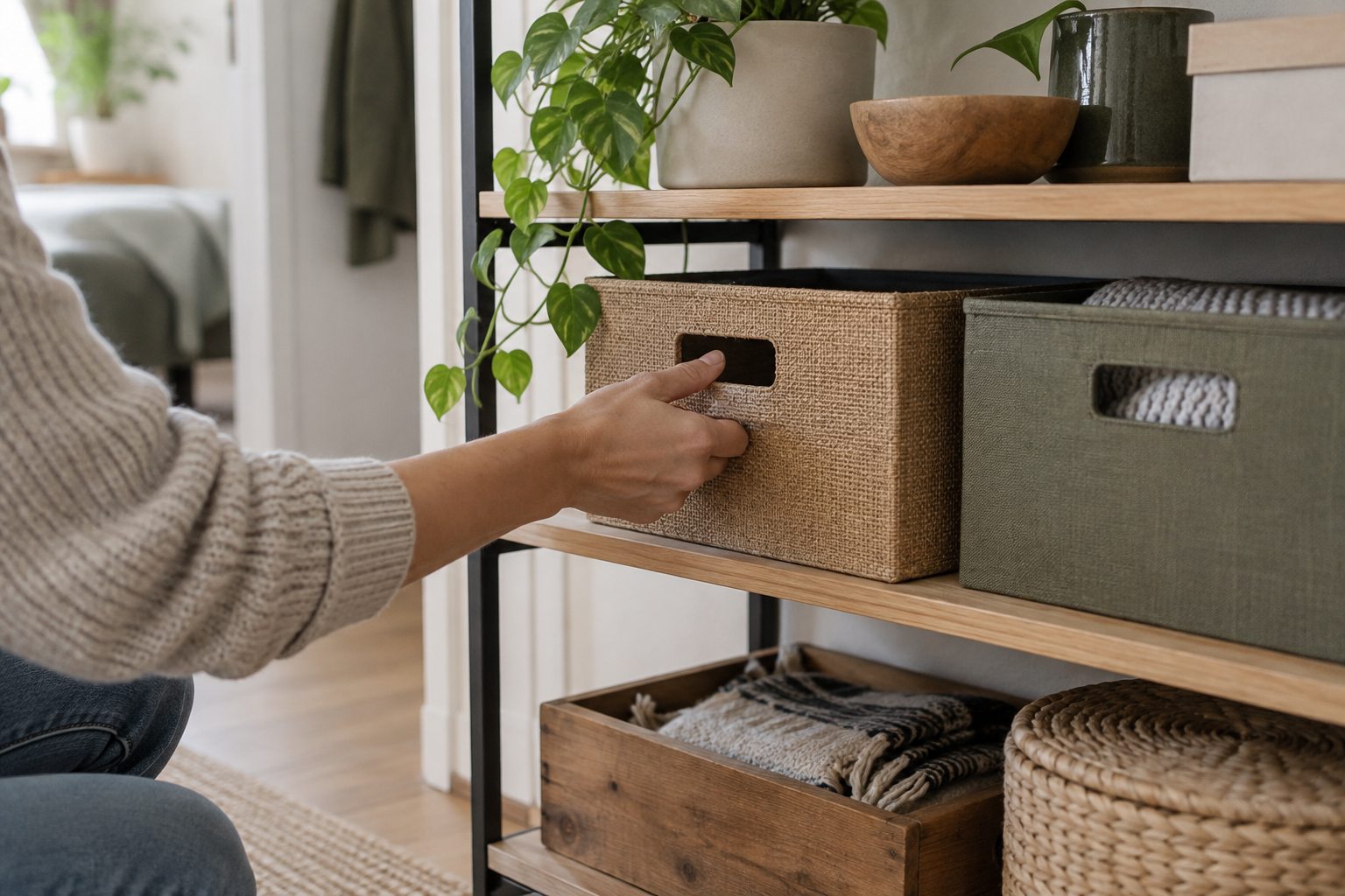 Une main ajuste des boîtes simples sur une étagère compacte.