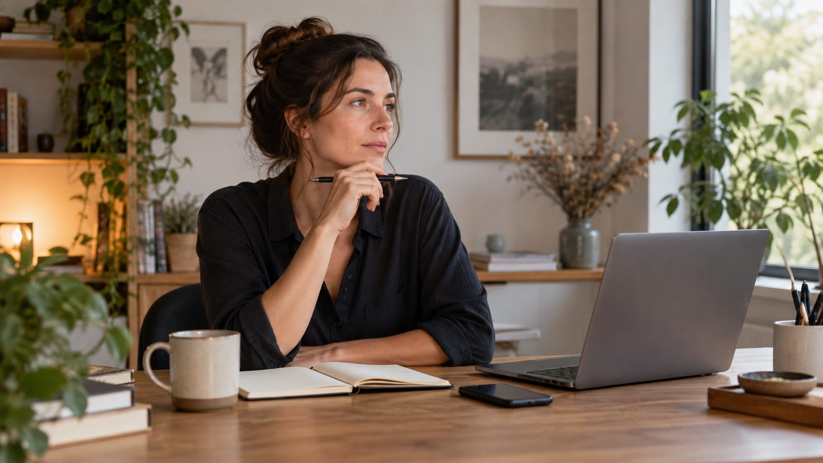 Une personne réfléchit à son organisation de travail devant un bureau calme.