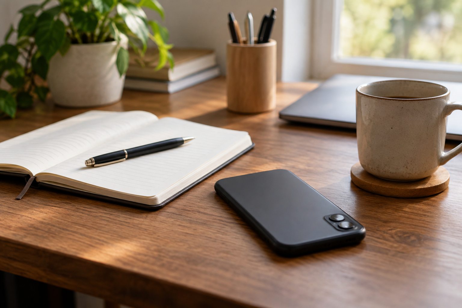 Un carnet, un téléphone posé face contre table et une tasse sur un bureau.
