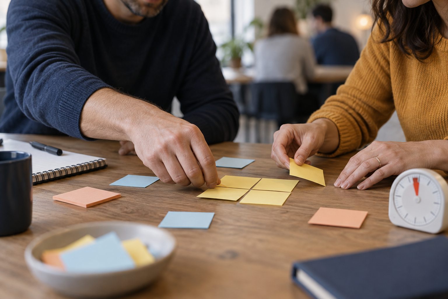Des collègues regroupent des notes sur une table pour définir un essai collectif.