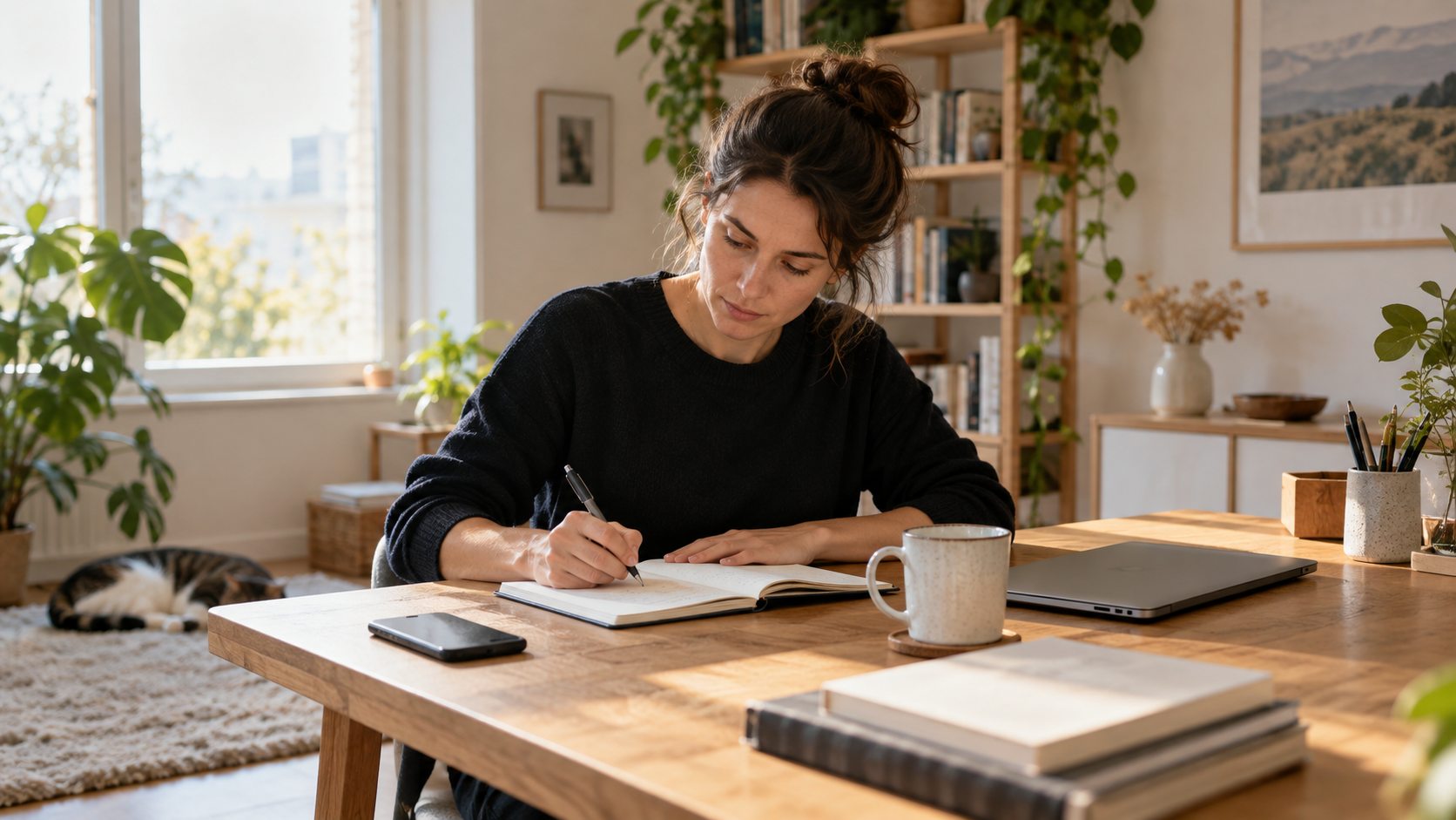 Une personne travaille concentrée à un bureau calme, loin des distractions.