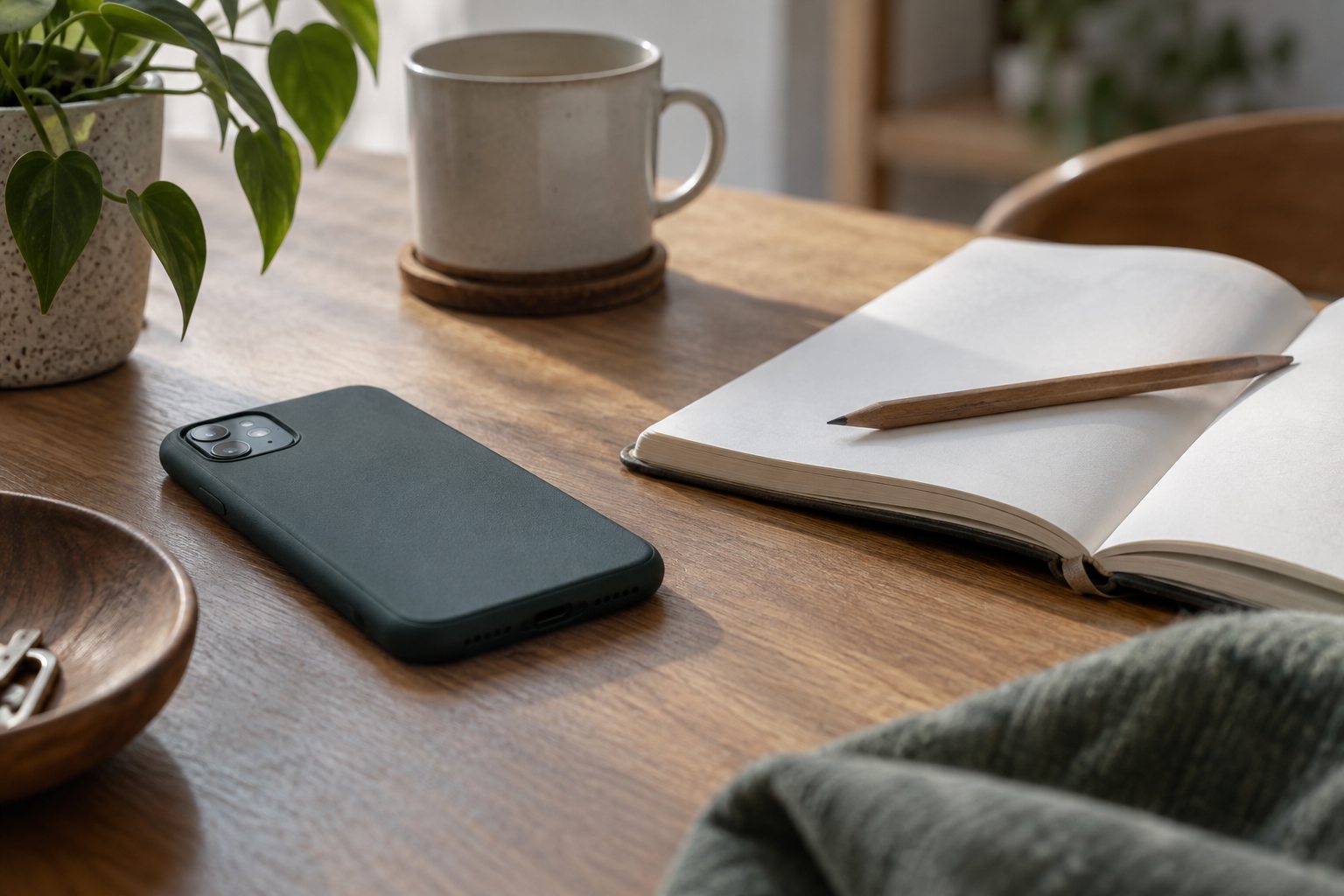 Un téléphone posé face contre table près d’un carnet de travail.