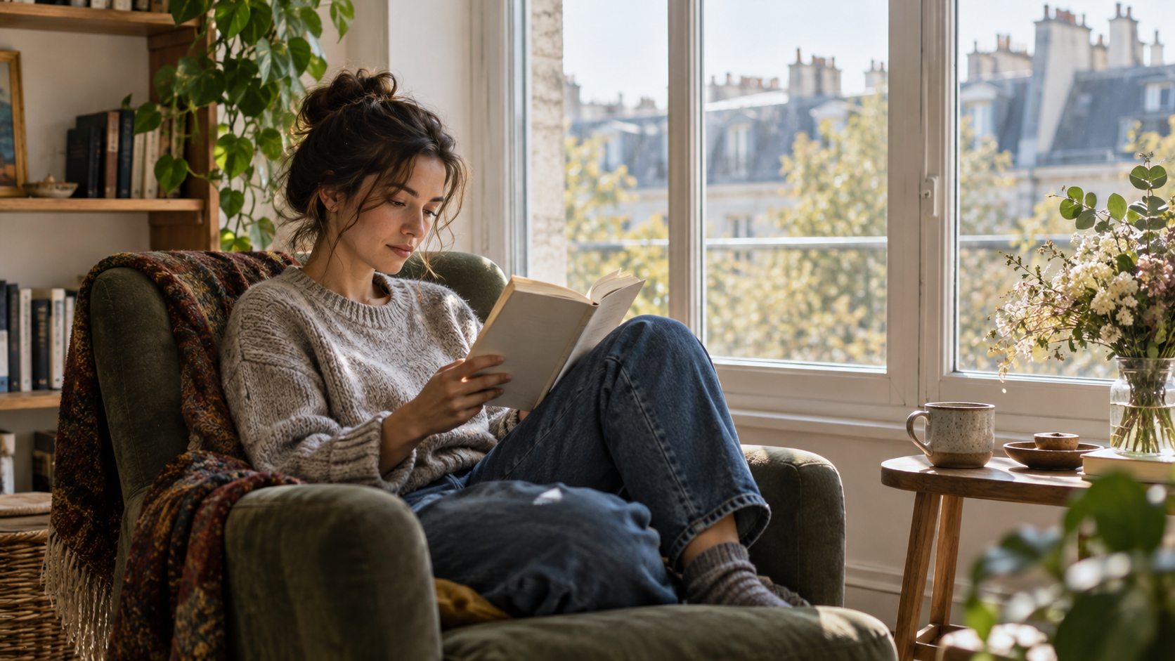 Une lectrice lit tranquillement dans un fauteuil près d’une fenêtre.